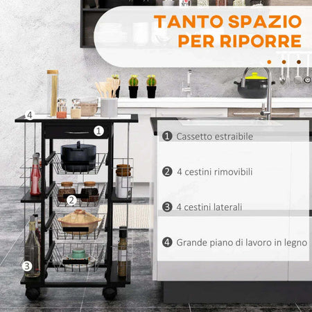 Carrello-da-Cucina-Salvaspazio-con-1-Cassetto,-4-Cesti-Estraibili,-4-Ripiani,-Legno-di-Pino-e-Metallo,-57x37x83cm-KJ4801-122KJ4
