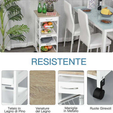 Carrello-da-Cucina-Salvaspazio-in-Legno-Bianco-con-4-Ruote-37x37x82cm-UH3801-152WTUH3