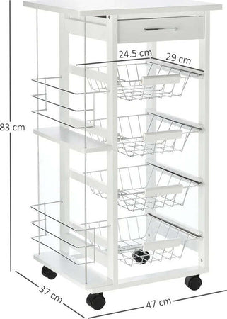 Carrello-da-Cucina-Salvaspazio-in-Legno-Bianco,-Portavivande-con-1-Piano-di-Lavoro-1-Cassetto-e-4-Cestelli-Metallici,-47x37x83cm-LK6801-121V01WTLK6