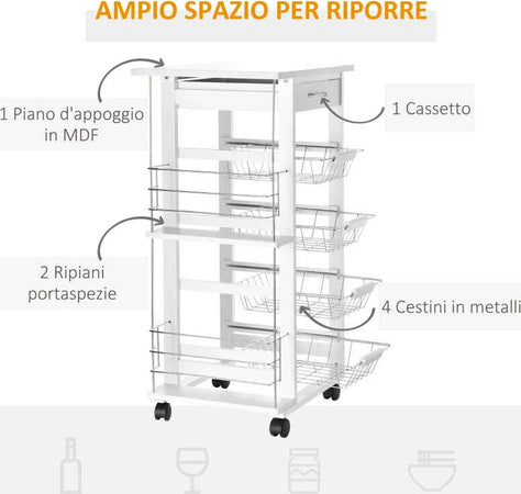 Carrello-da-Cucina-Salvaspazio-in-Legno-Bianco,-Portavivande-con-1-Piano-di-Lavoro-1-Cassetto-e-4-Cestelli-Metallici,-47x37x83cm-LK6801-121V01WTLK6