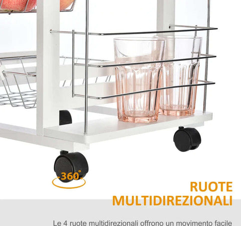 Carrello-da-Cucina-Salvaspazio-in-Legno-Bianco,-Portavivande-con-1-Piano-di-Lavoro-1-Cassetto-e-4-Cestelli-Metallici,-47x37x83cm-LK6801-121V01WTLK6