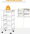 Carrello-da-Cucina-Salvaspazio-in-Legno-Bianco,-Portavivande-con-1-Piano-di-Lavoro-1-Cassetto-e-4-Cestelli-Metallici,-47x37x83cm-LK6801-121V01WTLK6