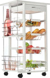 Carrello-da-Cucina-Salvaspazio-in-Legno-Bianco,-Portavivande-con-1-Piano-di-Lavoro-1-Cassetto-e-4-Cestelli-Metallici,-47x37x83cm-LK6801-121V01WTLK6