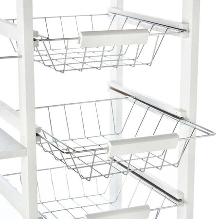 Carrello-da-Cucina-Salvaspazio-in-Legno-Bianco,-Portavivande-con-1-Piano-di-Lavoro-1-Cassetto-e-4-Cestelli-Metallici,-47x37x83cm-LK6801-121V01WTLK6