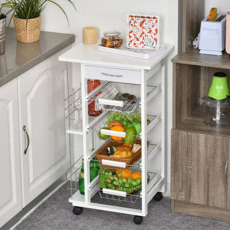 Carrello-da-Cucina-Salvaspazio-in-Legno-Bianco,-Portavivande-con-1-Piano-di-Lavoro-1-Cassetto-e-4-Cestelli-Metallici,-47x37x83cm-LK6801-121V01WTLK6