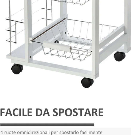 Carrello-Isola-da-Cucina-Salvaspazio-in-Legno-di-Pino,-Carrello-Portavivande-con-4-Ruote-Cassetto-3-Cesti-Estraibili-Portafrutta,-Bianco-VB5801-130WTVB5