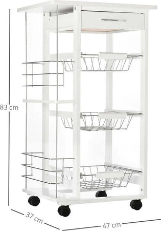 Carrello-Isola-da-Cucina-Salvaspazio-in-Legno-di-Pino,-Carrello-Portavivande-con-4-Ruote-Cassetto-3-Cesti-Estraibili-Portafrutta,-Bianco-VB5801-130WTVB5
