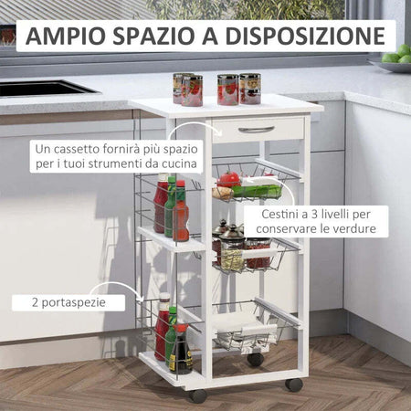 Carrello-Isola-da-Cucina-Salvaspazio-in-Legno-di-Pino,-Carrello-Portavivande-con-4-Ruote-Cassetto-3-Cesti-Estraibili-Portafrutta,-Bianco-VB5801-130WTVB5
