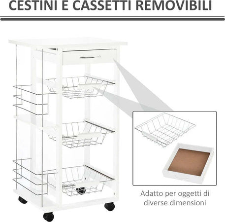 Carrello-Isola-da-Cucina-Salvaspazio-in-Legno-di-Pino,-Carrello-Portavivande-con-4-Ruote-Cassetto-3-Cesti-Estraibili-Portafrutta,-Bianco-VB5801-130WTVB5