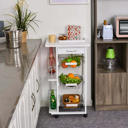 Carrello-Isola-da-Cucina-Salvaspazio-in-Legno-di-Pino,-Carrello-Portavivande-con-4-Ruote-Cassetto-3-Cesti-Estraibili-Portafrutta,-Bianco-VB5801-130WTVB5