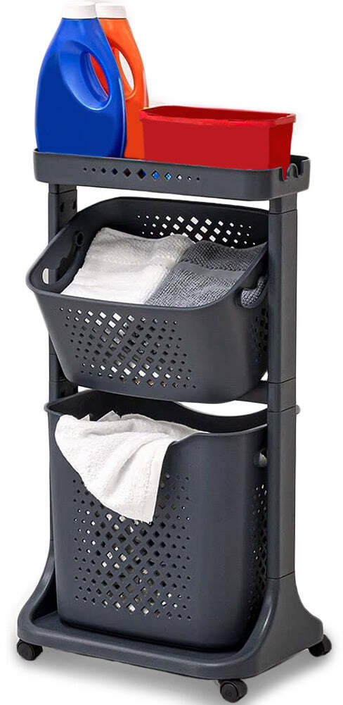 Carrello Portabiancheria Salvaspazio 2 Litri Cesta Estraibile 2 Ripiani Grigio