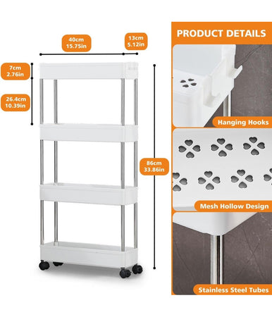 Carrello Portaoggetti 4 Livelli Salvaspazio A 4 Ruote Scaffale Per Cucina Bagno