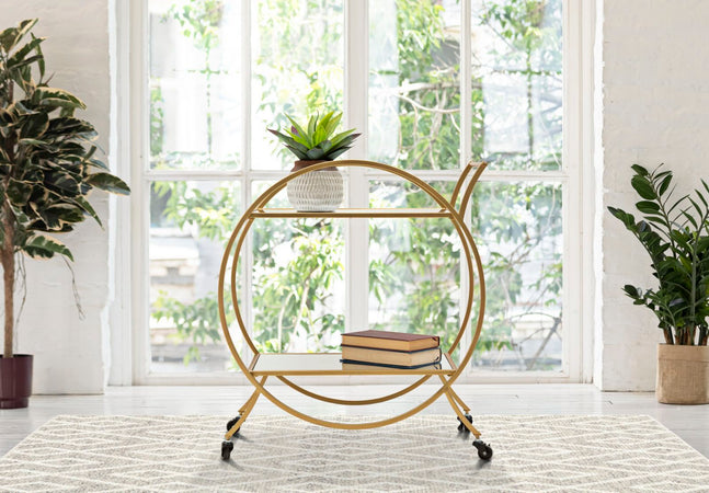Carrello-round-struttura-in-ferro-color-oro-con-ruote-e-2-ripiani-per-interni