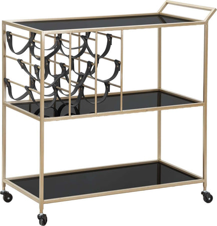 Carrello-struttura-in-ferro-color-oro-e-nero-con-ruote,-portabottiglie-e-3-ripiani