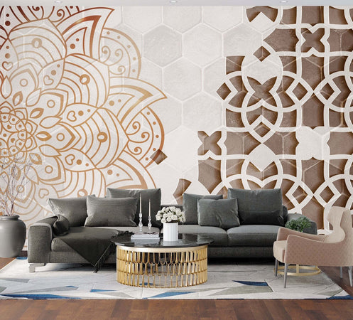Carta-Da-Parati,-3D-Mandala-Ornamento-Marrone-Astratto