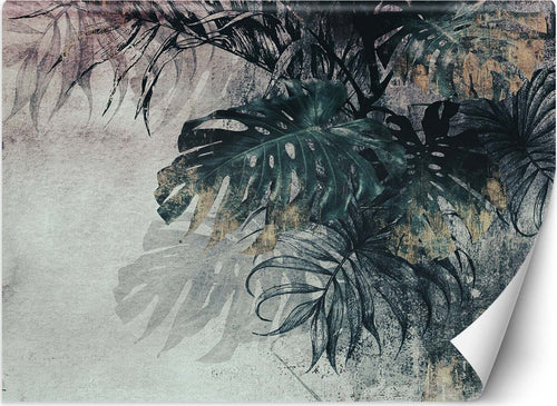 Carta-Da-Parati,-3D-Monstera-foglie-di-palma-cemento