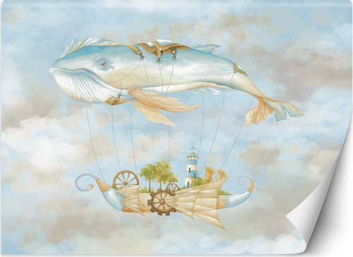 Carta-Da-Parati,-Balena-volante-e-nave-blu