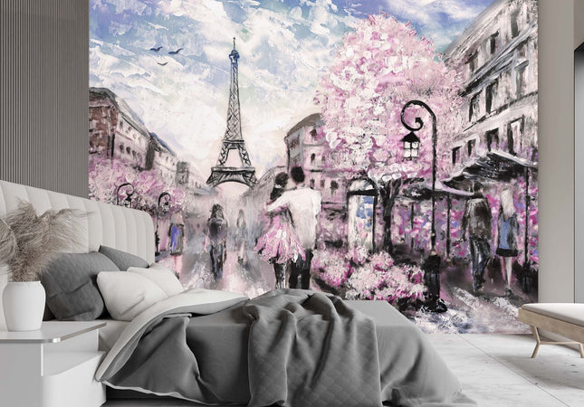Carta-Da-Parati,-Coppia-Parigi-dipinta-di-rosa