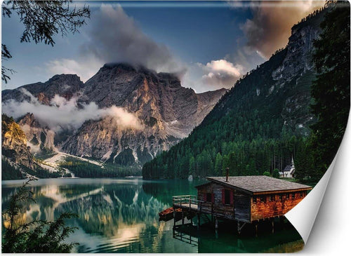 Carta-Da-Parati,-Cottage-su-un-lago-di-montagna