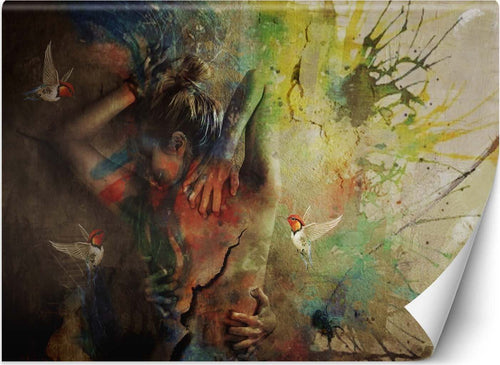 Carta-Da-Parati,-Donna-con-colibrì-dipinta
