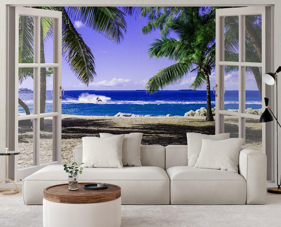 Carta-Da-Parati,-Finestra-con-vista-su-una-spiaggia-tropicale