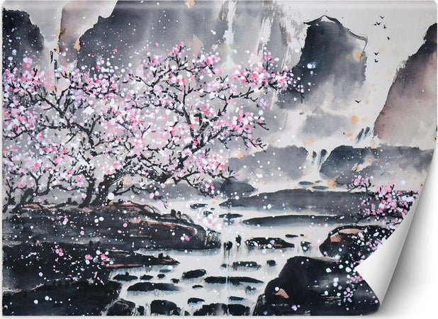 Carta-Da-Parati,-Fiori-di-ciliegio-su-sfondo-montano