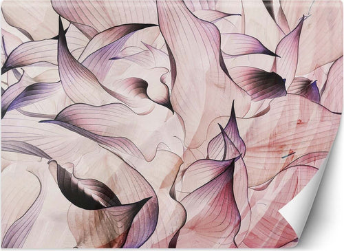 Carta-Da-Parati,-Fiori-Foglie-Viola-Rosa-Effetto-3D