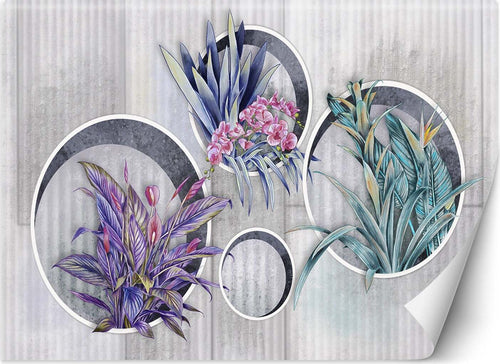 Carta-Da-Parati,-Fiori-viola-in-vaso-aspetto-concreto