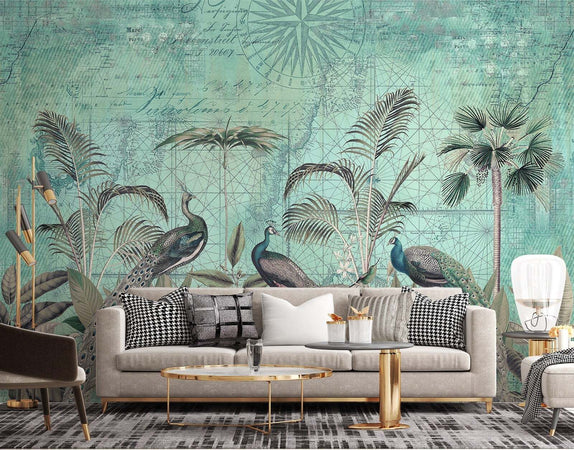 Carta-Da-Parati,-Foglie-di-palma-3D-turchese-tropicale