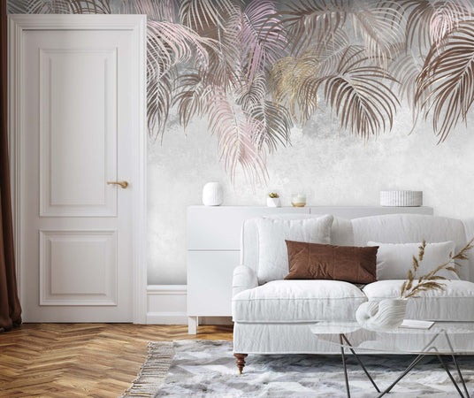 Carta-Da-Parati,-Foglie-di-palma-appese-Marrone-Beige-Rosa