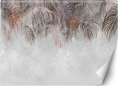 Carta-Da-Parati,-Foglie-di-palma-sospese-Calcestruzzo-Beige-Marrone