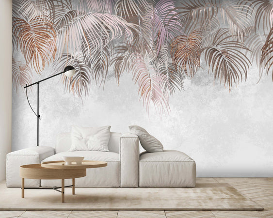 Carta-Da-Parati,-Foglie-di-palma-sospese-Calcestruzzo-Beige-Marrone