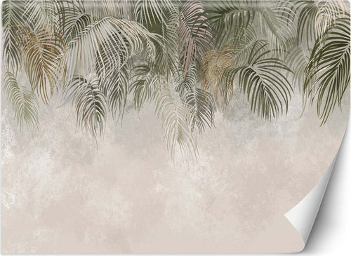 Carta-Da-Parati,-Foglie-di-palma-sospese-Verde-Beige-Marrone