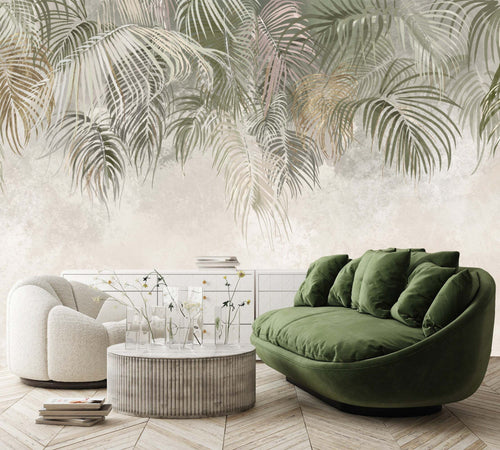 Carta-Da-Parati,-Foglie-di-palma-sospese-Verde-Beige-Marrone