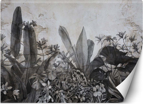Carta-Da-Parati,-Foglie-tropicali-bianche-e-nere-su-cemento
