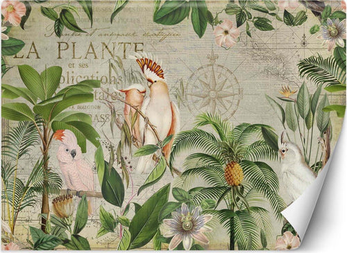Carta-Da-Parati,-Foglie-tropicali-Pappagallo