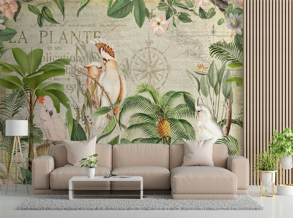 Carta-Da-Parati,-Foglie-tropicali-Pappagallo