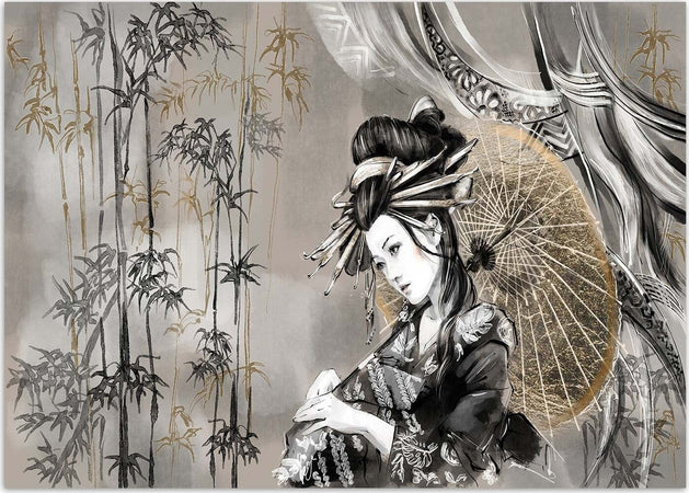 Carta-Da-Parati,-Geisha-e-bambù