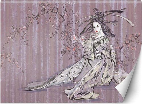 Carta-Da-Parati,-Geisha-giapponese-rosa-retrò