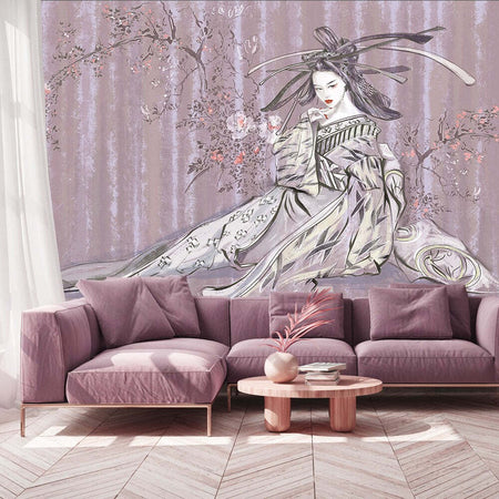 Carta-Da-Parati,-Geisha-giapponese-rosa-retrò