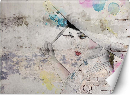 Carta-Da-Parati,-Geisha-ombrello-muro-di-cemento