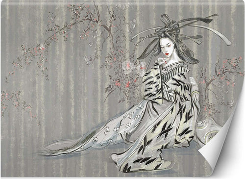 Carta-Da-Parati,-Geisha-Vintage-Asia-Donna-Blu