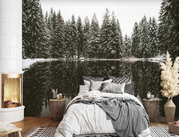 Carta-Da-Parati,-Lago-nella-foresta-in-inverno