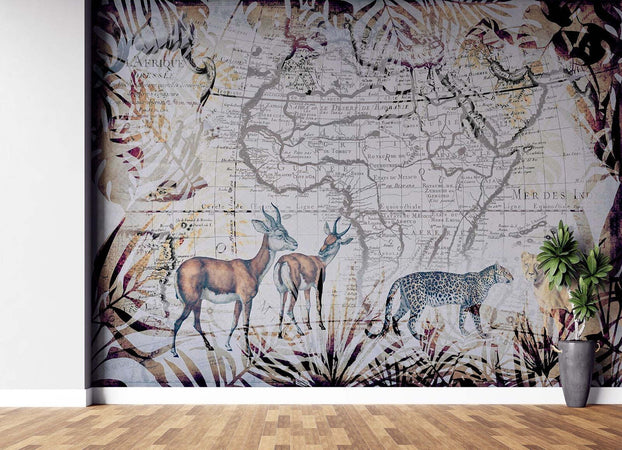 Carta-Da-Parati,-Mappa-del-mondo-Animali-selvatici