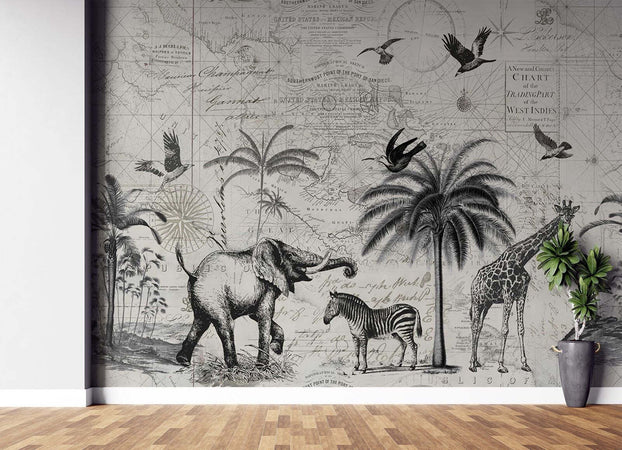 Carta-Da-Parati,-Mappa-del-mondo-e-Savana-Vintage