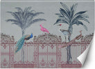 Carta-Da-Parati,-Palme-uccelli-su-un-cancello-rosa