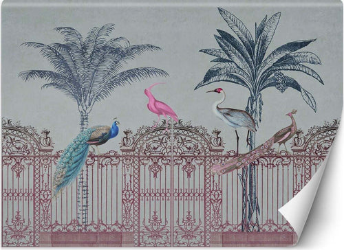 Carta-Da-Parati,-Palme-uccelli-su-un-cancello-rosa