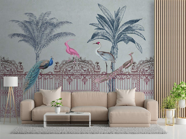 Carta-Da-Parati,-Palme-uccelli-su-un-cancello-rosa