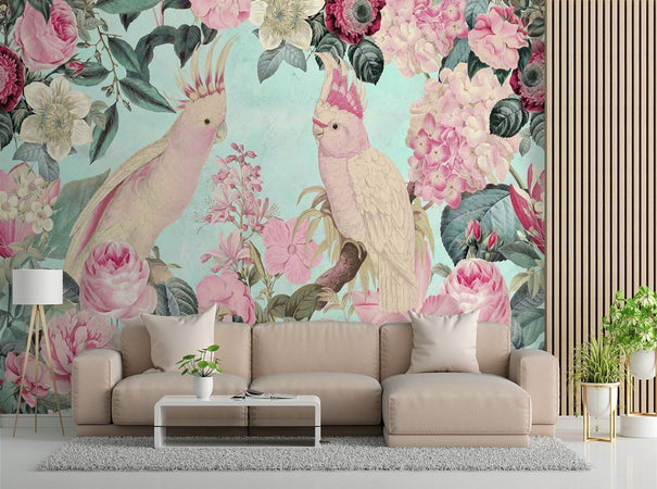 Carta-Da-Parati,-Pappagalli-rosa-shabby-chic