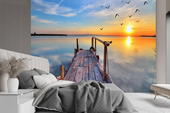 Carta-Da-Parati,-Passerella-Lago-Tramonto